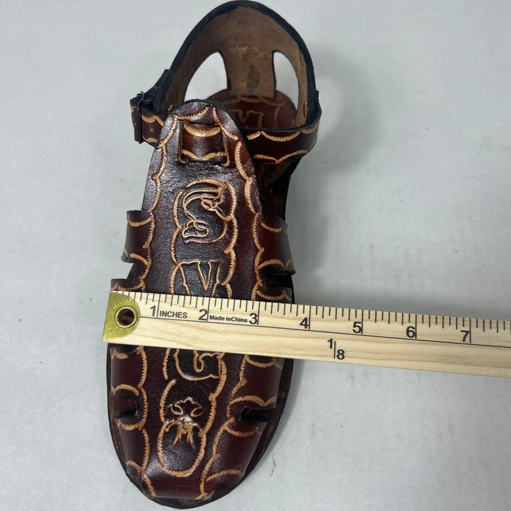 Vintage Artisan Mexican Huarache Sandals Brown Leather Fisherman Tooled Boho 10